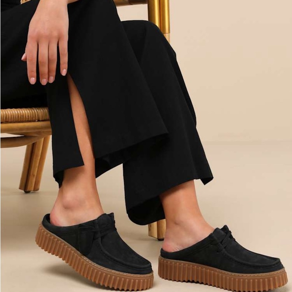 CLARKS Black Torihill Suede Loafer Mules with Brown Soles—NWOB